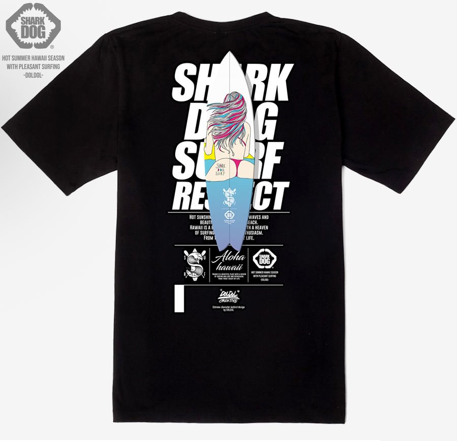 [돌돌] SHARK DOG_tshirts-152 샤크독 서프 하와이 여름 서핑 불독 강아지 캐릭터 그래픽 디자인 티셔츠 반팔티