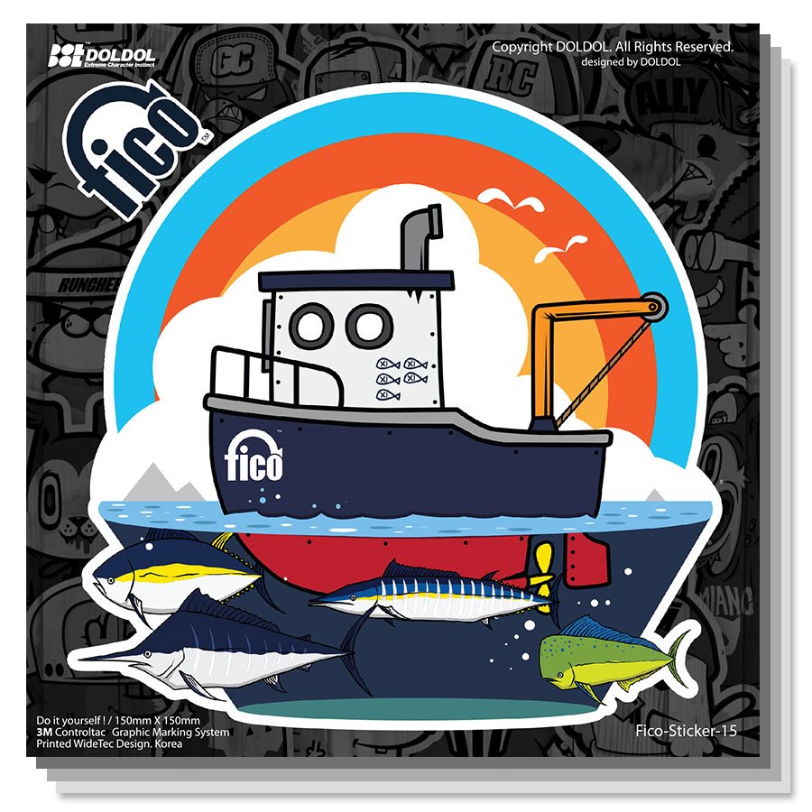 [돌돌컴퍼니] 25-FICO-Sticker-02 익스트림 낚시 브랜드 피코 캠핑 아이스박스 쿨러 워터저그 여행가방 청새치 물고기 캐릭터 UV 스티커 스킨 데칼