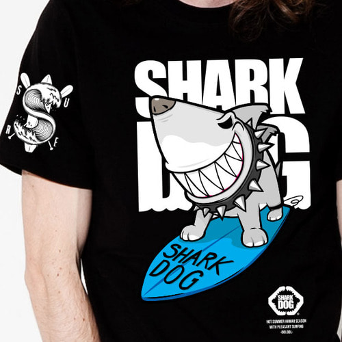 [돌돌스페샬] SHARK DOG-T-93 샤크독 서프 하와이 여름 서핑 불독 강아지 캐릭터 그래픽 디자인 티셔츠 