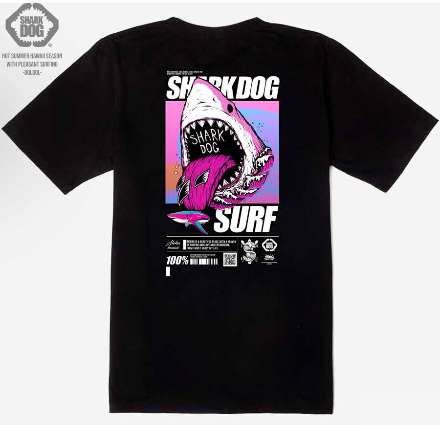 [돌돌컴퍼니] SHARK DOG_tshirts-203 샤크독 서프 하와이 여름 서핑 불독 강아지 캐릭터 그래픽 디자인 그래피티 티셔츠 반팔티