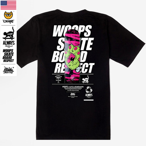 [돌돌] WOOPS_tshirts-97 스케이트보드 타는 고양이 웁스 그래픽 캐릭터 디자인 티셔츠 반팔티 