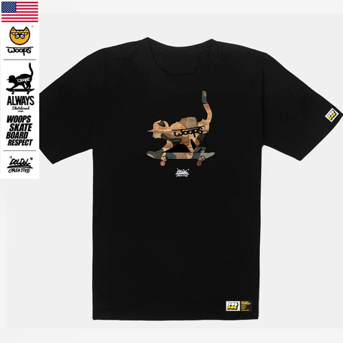 [돌돌] WOOPS_tshirts-100 스케이트보드 타는 고양이 웁스 그래픽 캐릭터 디자인 티셔츠 반팔티 