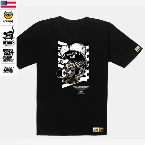 [돌돌] WOOPS_tshirts-101 스케이트보드 타는 고양이 웁스 그래픽 캐릭터 디자인 티셔츠 반팔티 