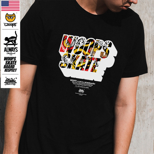 [돌돌] WOOPS_tshirts-104 스케이트보드 타는 고양이 웁스 그래픽 캐릭터 디자인 티셔츠 반팔티 