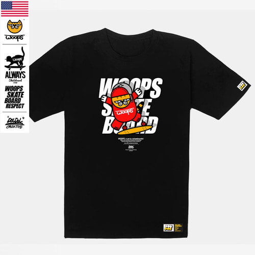 [돌돌] WOOPS_tshirts-106 스케이트보드 타는 고양이 웁스 그래픽 캐릭터 디자인 티셔츠 반팔티 